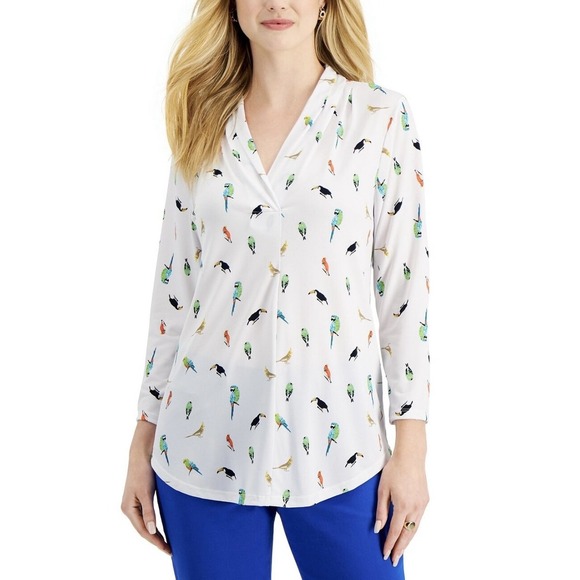 Charter Club Womens Birds Parrotts  3/4 Sleeve V Neck Blouse Top Size Medium - Picture 1 of 5